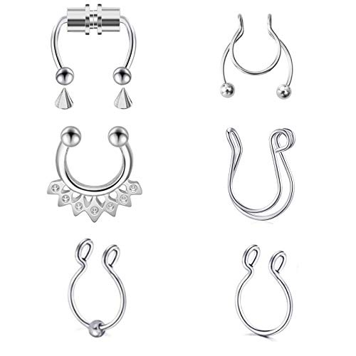 SERYNOW Fake Nose Ring Hoop Magnetic Horseshoe Rings 316L Stainless Steel Faux Septum Rings Non Piercing Clip On Nose Hoop Rings (Silver-6pcs)