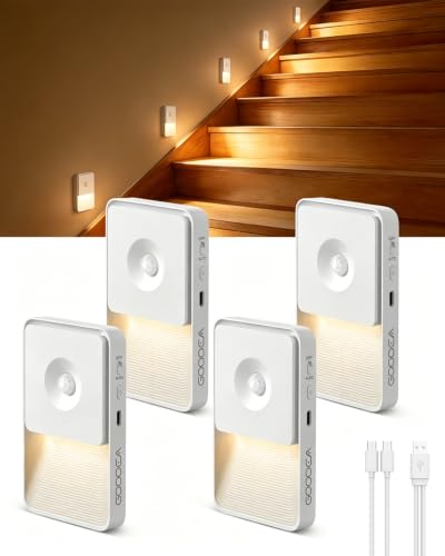 GOODEA Nachtlicht mit Bewegungsmelder 4 Stück USB C Aufladbar Bewegungsmelder Licht bis zu 70 Tage - Dimmbar Magnetische Akku Lampe Ohne Steckdose für Flur Treppe Schlafzimmer Bad - Warmes Licht
