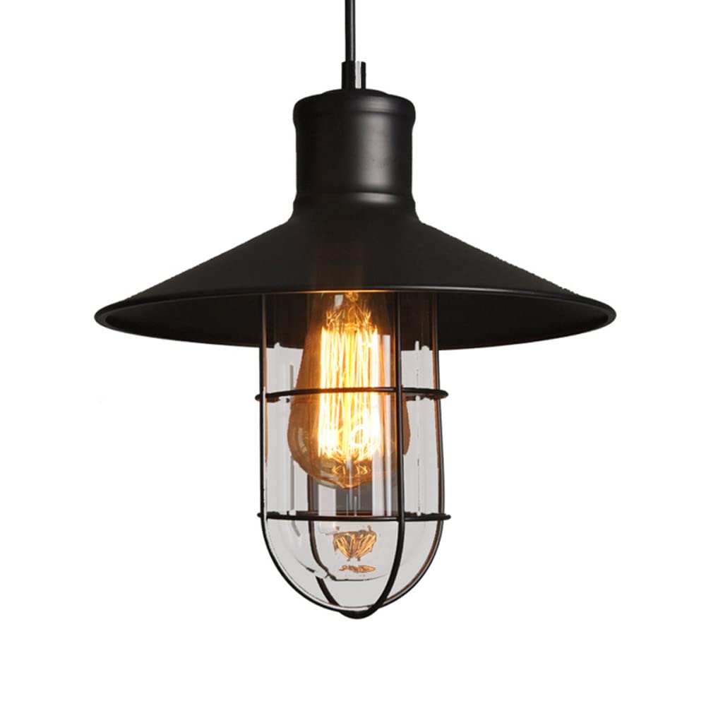 ZWPAYF Wrought Iron+glass Lampshade Pendent Light Matte Black Paint Hanging Lamp Edison Bulb Dome Shade Droplighting Vintage Industrial Chandelier Storehouse Hallway Ceiling Light