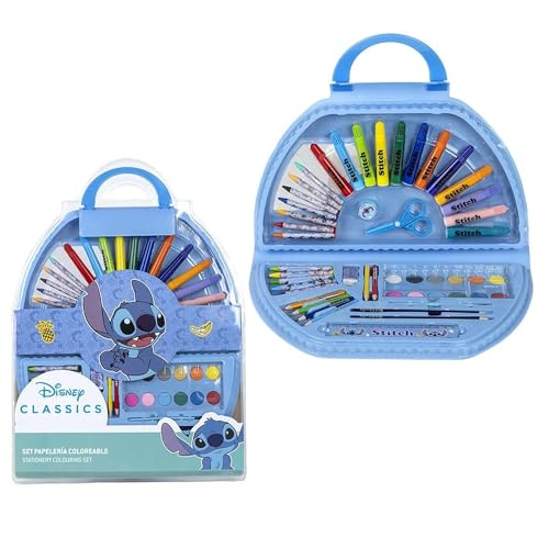 Maletín Pinturas Stitch con 50 piezas Maletín creativo lápices colores, crayones, rotuladores, acuarelas, pinceles – Estuche Stitch portátil para pintar, colorear y regalar