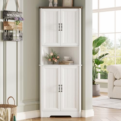 Vabches Tall Corner Cabinet, Corner Bathroom Cabinet, 67' Farmhouse Storage Cabinet with 4 Doors and Adjustable Shelves, Home Space Saver for Bathroom, Kitchen, Living Room, Pantry, White