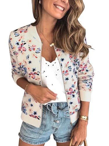 ECOWISH Women's Casual Floral Zip Up Bomber Jacket Coat Lightweight Short Camo No Lining Outwear Tops Windbreaker with Pocket 3303 Blue Flower Medium