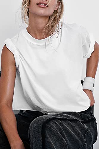 Image of HUGOOME Womens Oversized Workout Crop Top Casual Short Sleeve Boxy Roll Hem | Basic Half Split Sleeve Drop Shoulder Loose Yoga Running Gym Tee Cropped T-shirt Solid Trendy Relaxed Daily Tee