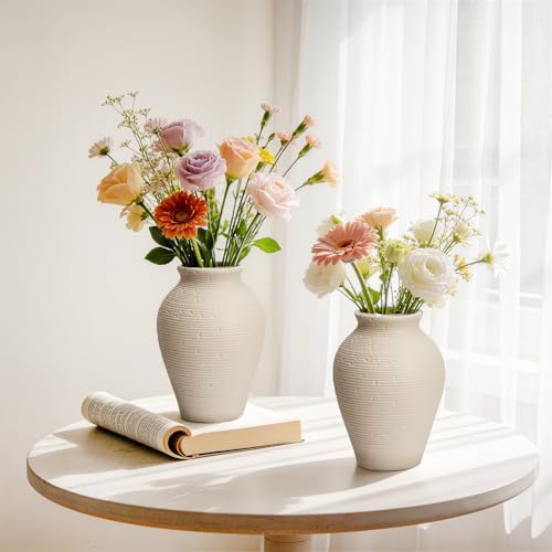 Ceramic Flower Vases Set of 2, 8.1 Inch Rustic Farmhouse