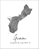 WESTBROOK DESIGN STUDIO Guam Map Wall Art Print - 8x10 Silhouette Decor Print with Coordinates. Makes a Great Guam-Themed Gift. Shades of Grey, Black & White.