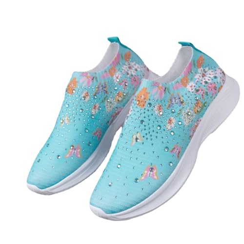 DESESE Women's Rhinestone Stretch Casual Breathable Sneakers Fashion Mesh Walking Shoe Slip-on Loafers