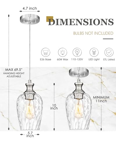 Image of Brushed Nickel Pendant Light Kitchen Island, Hammered Clear Glass | 1-Pack, Hanging Lights Fixtures with Hand-Blown Glass Shade, Farmhouse Kitchen Island Lighting Over Sink, AD-24027-1P-SN