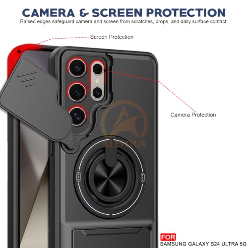 Image of Samsung S24 Ultra 5G Back Cover | Armor Camera Slider 360 Degree Rotating Finger Ring Holder Case with Bracket Stand Back Case Cover (Compatible with MagSafe Accessories) (Black)