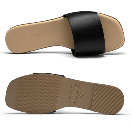 Image of Athlefit Flat Sandals Women Dressy Square Toe Raffia Summer Slide Sandals