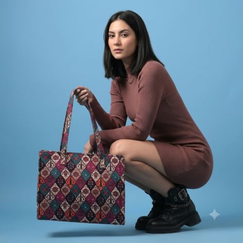 Image of Stylish Jute Tote Bag for Office & Laptop | Large Capacity Shoulder Handbag with Zip Pockets | Lightweight Waterproof Shopper Tote for Work, College, Shopping & Gift for Women