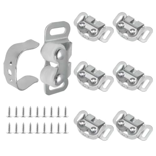MARRTEUM 6 Sets Mobile Home Cabinet Door Catch, Cupboard Closet Double Post Roller Latches and Catches Hardware Closures Locks for RV and Mobile Home (Silver Nickel)