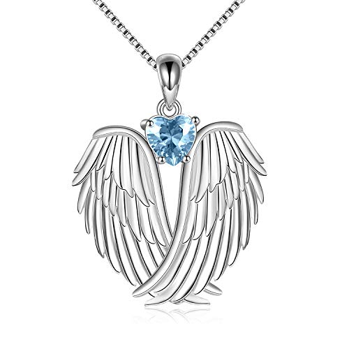 Image of YFN Angel Wings Necklace 925 Sterling Silver Guardian Angel Wings Pendant Necklace Birthstone Necklace for Women Girls Christmas Jewelry Gifts