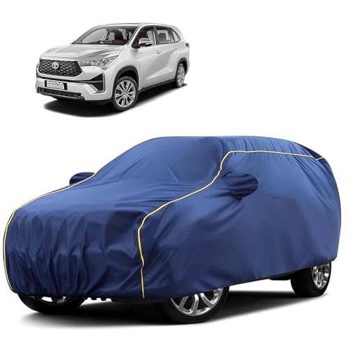 Image of Sulfar 100% Water Resistant Car Body Cover Compatible with Mirror for Toyota Innova Hycross (Triple Stitched, Full Bottom Elastic, Blue Tafetta with Yellow Piping)