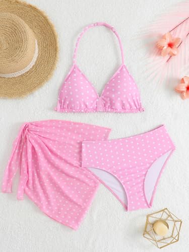 Image of SEGT Girl's 3 Piece Striped Bikini Swimwear Cute Swimsuits Bathing Suit High Waisted with Cover Up Beach Skirt