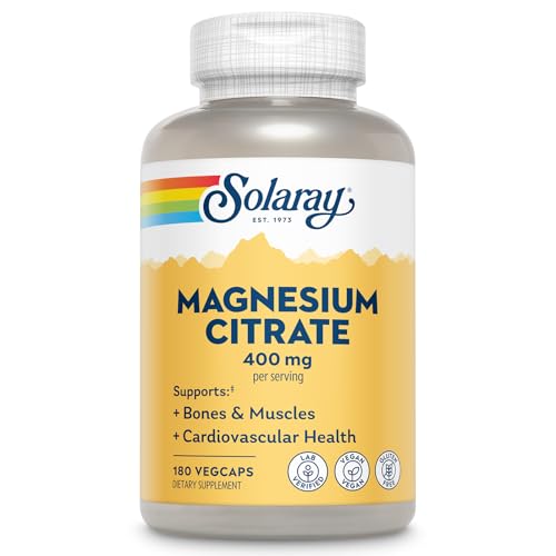 SOLARAY Magnesium Citrate 400mg - Magnesium Supplement - Bone Health, Muscle, Relaxation and Heart Health Support - Enhanced Absorption, Vegan, Gluten Free, 60-Day Guarantee, 60 Servings, 180 VegCaps
