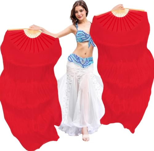 Aumulen Women 1 Pair Hand Made Silk Belly Dance Fan Veils Long Bamboo Fan for Dancing (150 * 90cm Red)