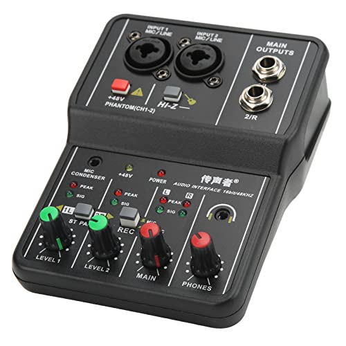 Mini Audio Mixer, USB 2 Channel Professional Sound Board Console System, 40dB Gain Range, 48V Power Mini Mixer for Live Broadcast, Karaoke and Stereo Recording