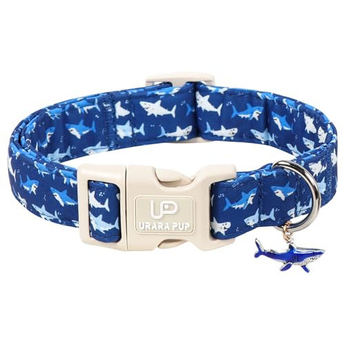 Image of Summer Dog Collar,Adjustable Cotton Shark Dog Collar with Shark Print, Cute Shark Charm Pendant and Quick Release Buckle, Soft Pet Collar for Small Medium Dogs Boys