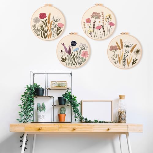 Image of 4 Sets Embroidery Kit for Beginners with Instructions Adults-Cross Stitch Kits for Beginner, Including Printed Embroidery Cloth with flower Patterns, Plastic Embroidery Rings, Colored Threads, Needles