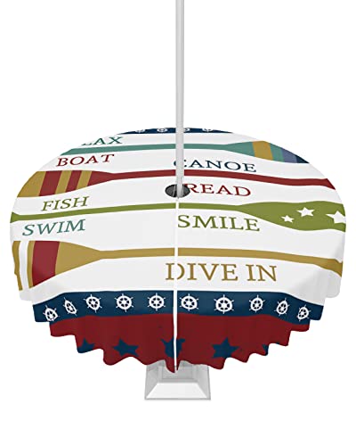 HERBED Round Outdoor Table Cloth 60 Inch Summer Lake Rules Colorful Paddle Tablecloth with Umbrella Hole, Zipper Table Cover Waterproof Stain Resistant Tablecloths for Patio Party Picnic