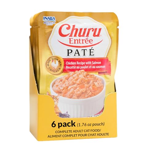 Image of INABA Churu Entree Pate for Cats, Grain-Free, High Moisture, Prebiotic Wet Cat Food, 1.76oz. per Pouch, 6 Pouches, Chicken with Salmon Recipe