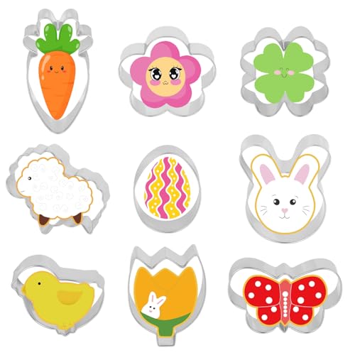 Sulamo - Molde para galletas de Pascua de acero inoxidable, 9 unidades, diseño de conejo, huevo, cordero, flor, zanahoria, mariposa, pato, tulipán, trébol de cuatro hojas