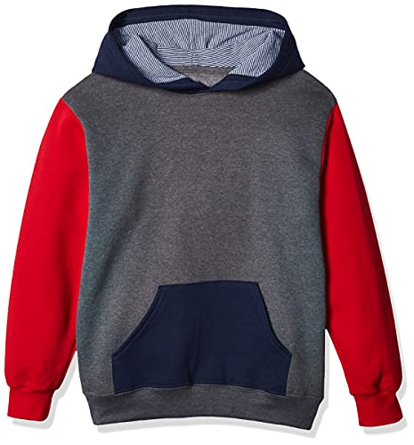 Fruit of the Loom Boys' Fleece Hoodie Sweatshirt, Charcoal Heather/True RED/Ghost Times Square Navy Stripe, 2X-Large