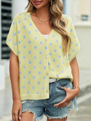 Image of Saodimallsu Womens Summer Oversized Cardigans Batwing Short Sleeve Lightweight Button V Neck Casual Knit Sweater Tops