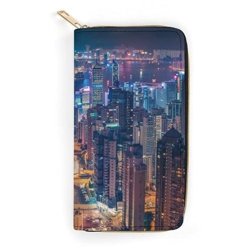 Hong Kong Print Long Wallet for Women Men PU Leather Card Holder Organizer with Zipper Coin Pocket & Cash Slots