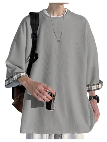 Image of OYOANGLE Men's Textured 3 /4 Sleeve Drop Shoulder T Shirt Loose Fit Plaid Cuff Tee Tops