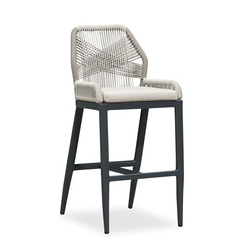 Image of PURPLE LEAF Bar Stool 1 Piece Outdoor Bar Height Metal Stool Modern Wicker Rattan Barstools with Back Aluminum Outside Garden Patio Bar Chair, Dark Grey