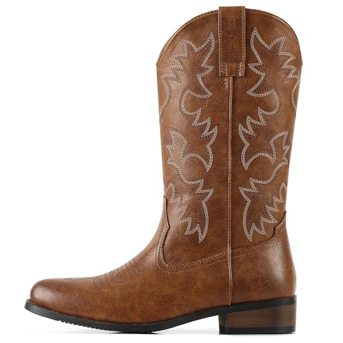 Image of femflame Cowboy Boots for Men Round Toe Distressed Work boots Embroidered Western Boots Traditional Country Boot