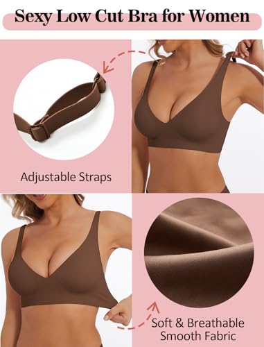 Image of Deep V Bra Wireless Sexy Push Up Bralette Padded Seamless Jelly Bra | Low Cut Plunge V-Neck, Wide Straps, Back Smoothing, Bras for Women No Underwire, Soft Comfortable Bralettes