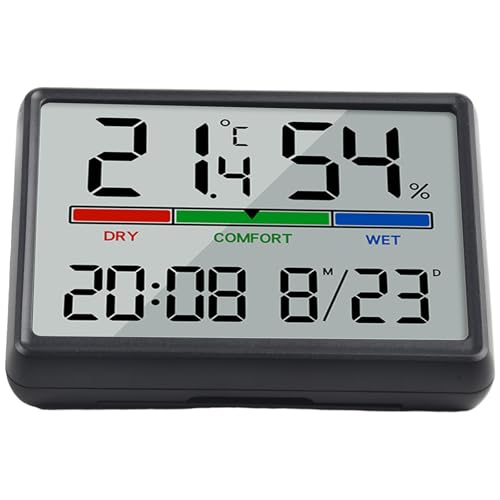 CashMuch Ck digital de pared con indicador de temperatura y humedad, alarma LCD para hogar, oficina, cocina, funciona con pilas con agujeros para colgar y soporte, color negro