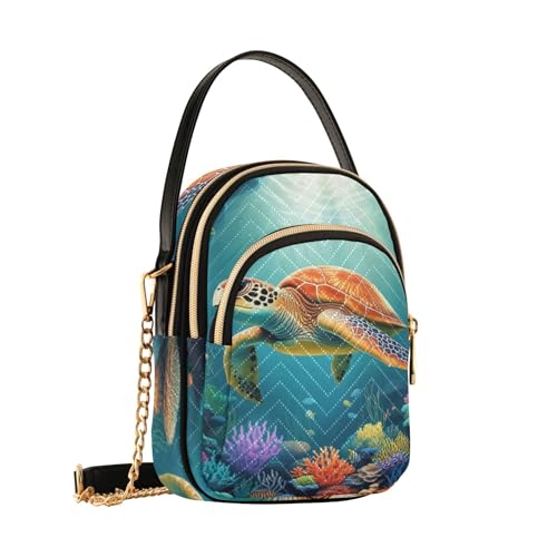 Woman Shoulder Handbag Underwater Ocean Scene Sea Turtle Quilted Phone Wallet Chain Strap Purse Cute Designer Clutch Ladies Zipper Tote, 5.9" × 8.3" × 3.1"2