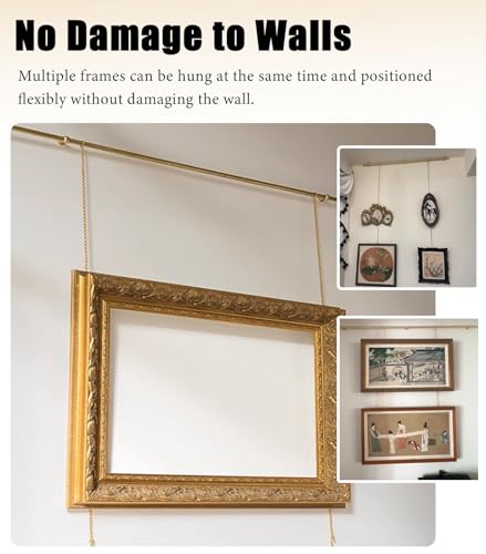 Image of Picture Rail Hanging System Gold Gallery Picture Rail Hanging Kit Brass, Metal Picture Hangers Wall Decor for Concrete, Indoor Art Picture Hanging Track and Photo Display Rod(230cm /90.6in /7.5ft)
