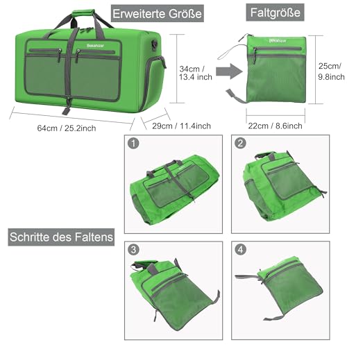 Bekahizar Leichte Faltbare Reisetasche 60L Große Travel Duffle Bag Übernachtung Taschen Verpackbar Reisegepäck Gym Sporttasche Mit Schuhfach für Herren Damen Flugzeug Camping Reisen Urlaub (grün)