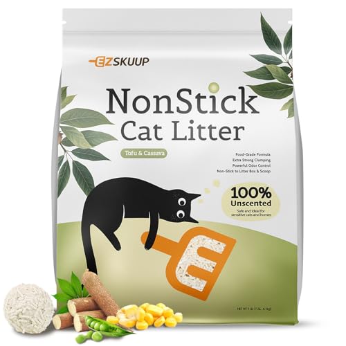 EZSKUUP Non-Stick Bottom Tofu Cat Litter Mix Cassava, Strong Clumping Low Tracking Kitty Litter, Natural Biodegradable Litter, Plant Odor Control, Low Dust Easy to Scoop, 9Lb