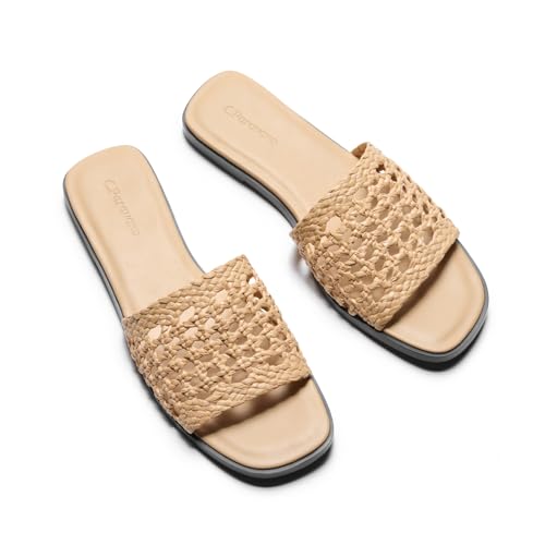 Image of C.Paravano Womens Slides Woven Flats Raffia Sandals Summer Beach Slip ons | handmade woven crafts, Nappa lambskin Insole, Lightweight, Open toe