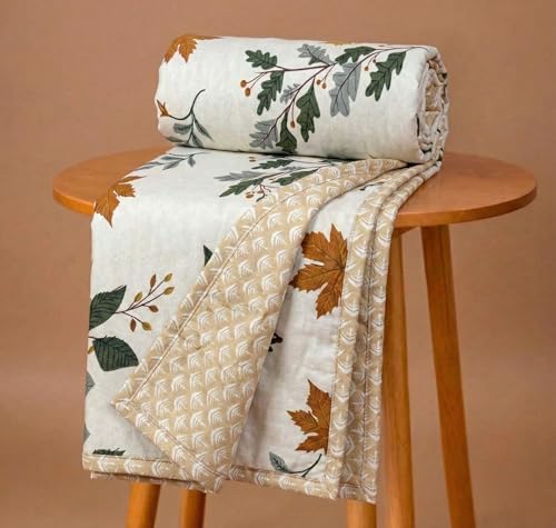 Image of VAS COLLECTIONS Cotton AC Blanket for Single Bed (152 x 225 cm) | Reversible Soft Lightweight All-Season Blanket | Skin-Friendly & Breathable Comforter (Golden Leaf Garden)