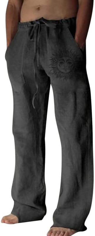 Mens Linen Trousers Cotton Jogging Bottoms Casual Summer Pants with Pockets Loose Fit Drawstring Trouser Comfortable Lightweight Pant