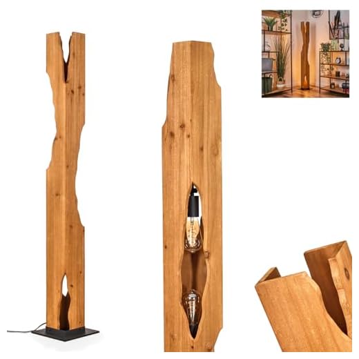 HOFSTEIN Stehleuchte Sernadelo, moderne Stehleuchte aus Metall/Bambus in Schwarz/Naturfarben, geschwungene Leuchte im Boho-Style mit Fußschalter am Kabel, Höhe 141 cm, 4 x E27, ohne Leuchtmittel