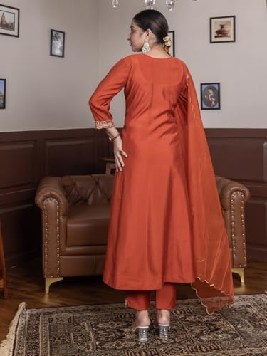Image of VredeVogel Women's Silk Blend Embroidered Anarkali Kurta with Pant & Dupatta Set | Festive & Casual Women Ethnic Kurta Set for Women