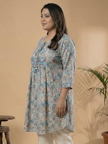 Image of Yash Gallery Women's Polyester Relaxed Fit Short Floral Placet 3 /4 Sleeve and Keyhole Neck Printed Kurti