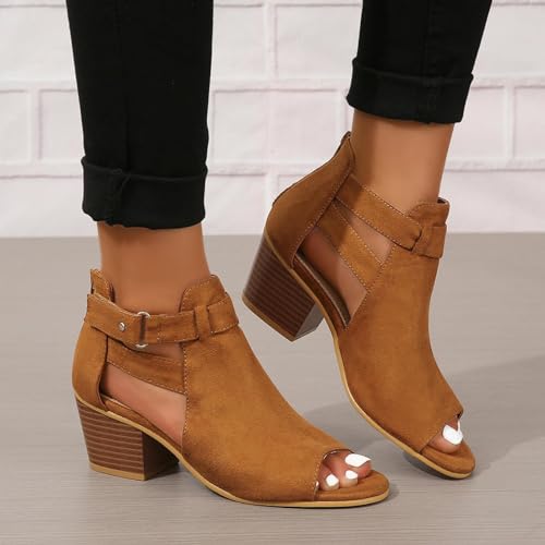 Women's Peep Toe Booties Toe Ankle Booties Chunky Heels Cutout Back Zipper Sandals Suede Side Ankle Strap Dress Sandals Strap Evening Party Shoes2