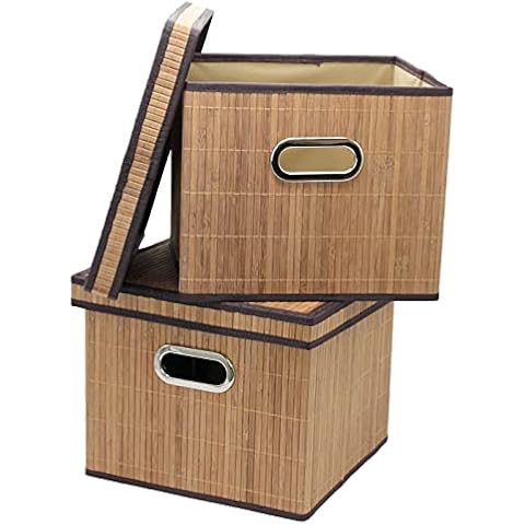 Seta Direct, Brown Natural Bamboo Foldable File Cabinet Storage Box Shelf Organizer Hanging File Folder with Lid [2 Pack, Letter Size] Cover