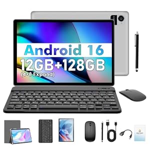 Android 16 Tablet 10 Zoll 12(4+8)GB+128GB mit Gehäuse Tastatur (Grau)