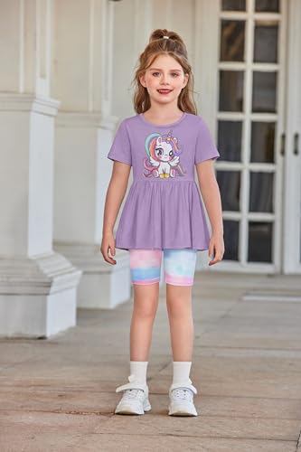 Image of Arshiner Girls Summer Outfits Short Sleeve Ruffle Hem Top and Biker Shorts Set Girl Clothes 4-15 Years