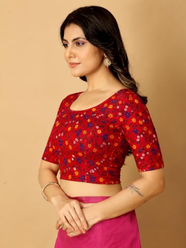 Image of Amazon Brand - Anarva Round Neck Dobby Cotton Lycra Stretchable Elbow Half Sleeve Readymade Saree Blouse for Women Stylish