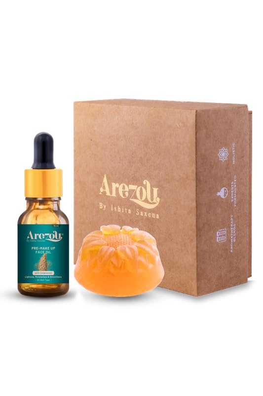 Image of Arezou Pre-Makeup Face Oil & Soap Set - Natural Hydrating Primer with Cedarwood Essential Oil | Deep Moisturizing Facial Massage Oil for Glowing Skin & Smooth Makeup Application | Ritual Skincare Gift Set (15ml Face Oil + 50g Soap)